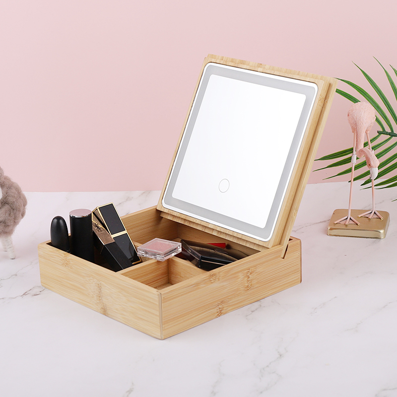 Natural Wooden Cosmetics Organizer With LED Lights
